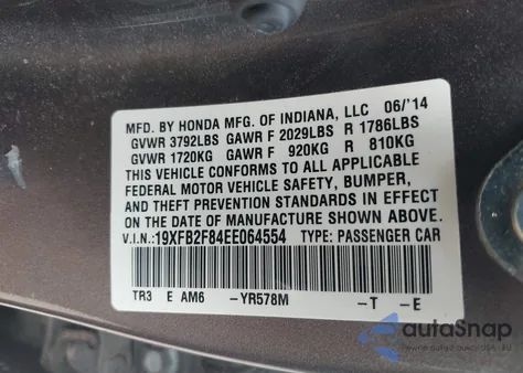 2014 Honda Civic Ex из США, поврежденный, VIN 19XFB2F84EE064554